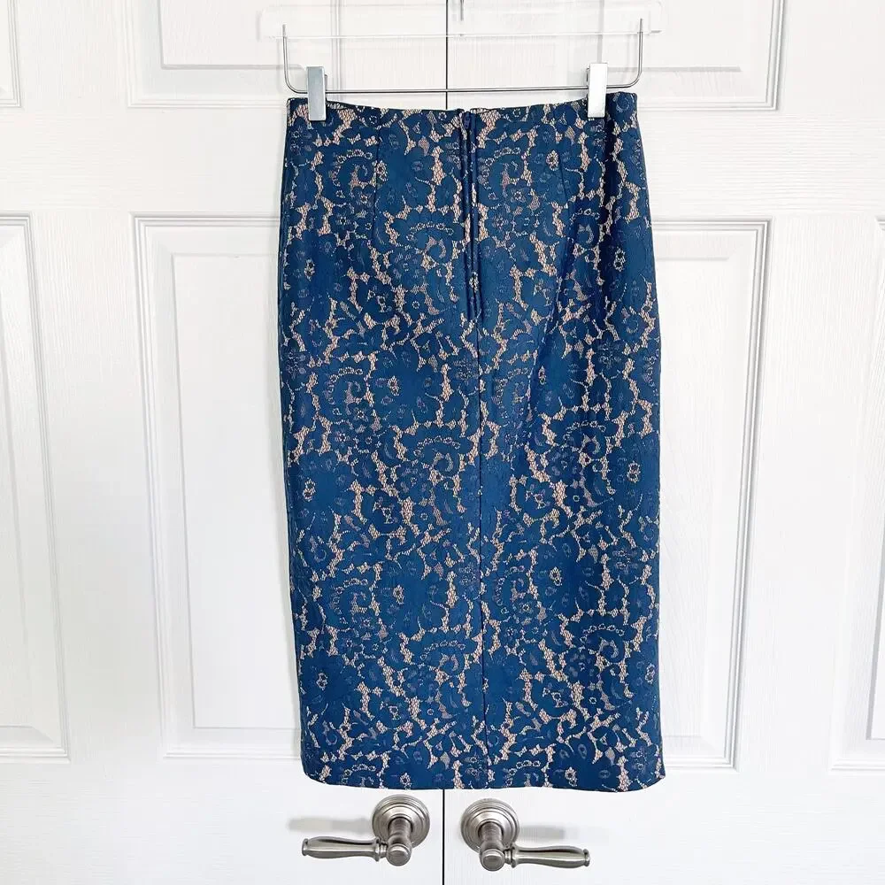 Keepsake The Label Every Way Blue Floral Lace Pencil Midi Skirt Romantic Glam